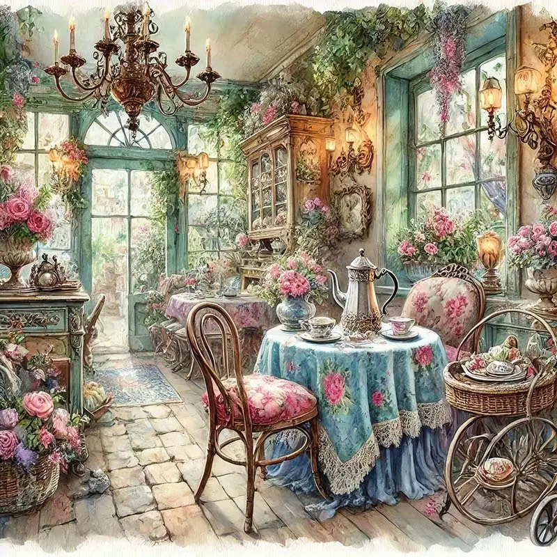 TEMU A 2d Flat Painting Set Suitable For All , A Round Diamond Painting Kit Featuring A Cartoon Vintage-style Camellia Room With A Pink Bouquet,