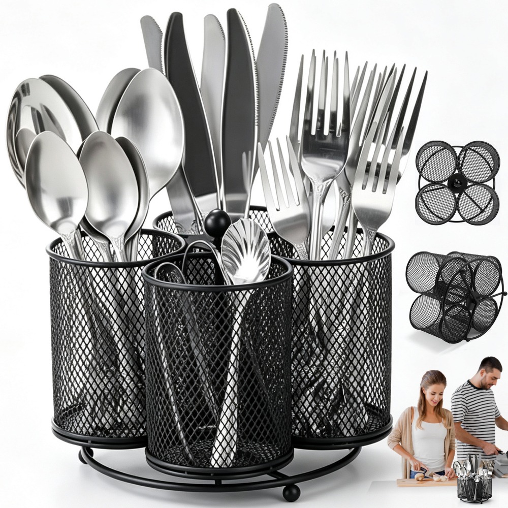 Storage Bucket With 4 Separate Compartments, With 360° Flexible Rotation Design, Neat Space- Organizer For Daily Sorting Knives, Forks, Spoons And Other Tableware