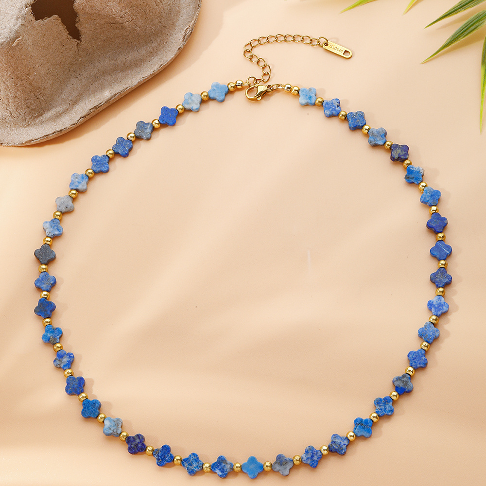 TEMU 1pc Natural Stone Beaded Necklace For Her, Clover Beads Bohemian Style Choker, Summer Vacations Jewelry, Handmade Gift For Holiday, Birthday,