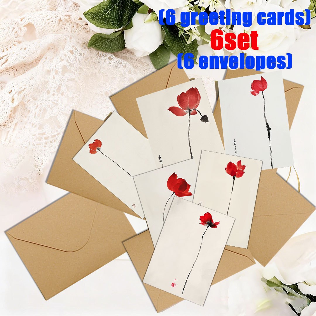 TEMU 6-pack grappige feestdagenkaarten met rode bloemen en minimalistische inktwassingstakken. Groothandelset wenskaarten met enveloppen voor