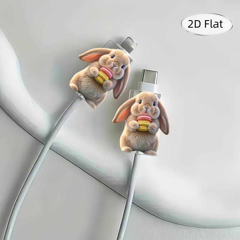 TEMU 2d Flat 2pcs Cute Rabbit Holding Macaron Data Cable Protector - Anti-break Wear-resistant Type-c Phone Charger Case, Fashionable And Durable,
