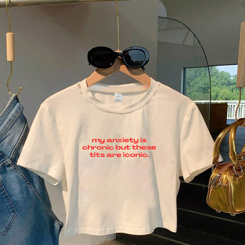 

Y2k-inspired 'my Anxiety Is Chronic But These Are Iconic' Graphic Tee - Short Sleeve, Crew Neck, Stretchy Polyester Blend, Machine Washable - Perfect For Spring & Fall