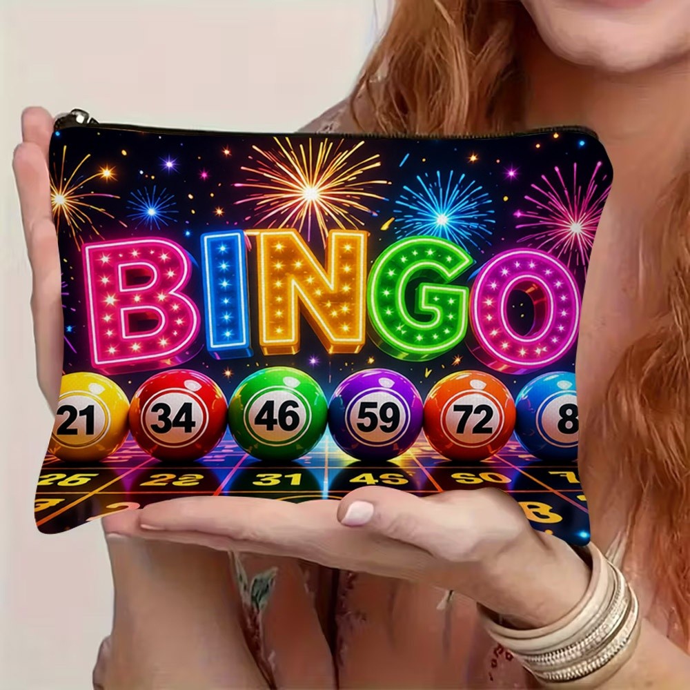 TEMU Trousse à maquillage 1 pièce avec impression de jeu de BINGO phosphorescent au néon, boules de bingo numérotées et motif d' de feu d'artifice -