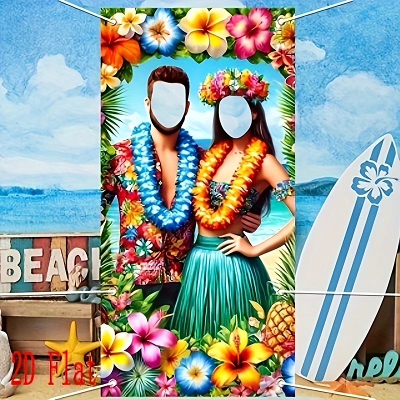 TEMU 2d Flat, 2d Flat Hawaiian-themed Backdrop Banner With Palm Trees, Pineapples & Hibiscus Flowers - Vibrant Aloha Party Decor Suitable For Beach