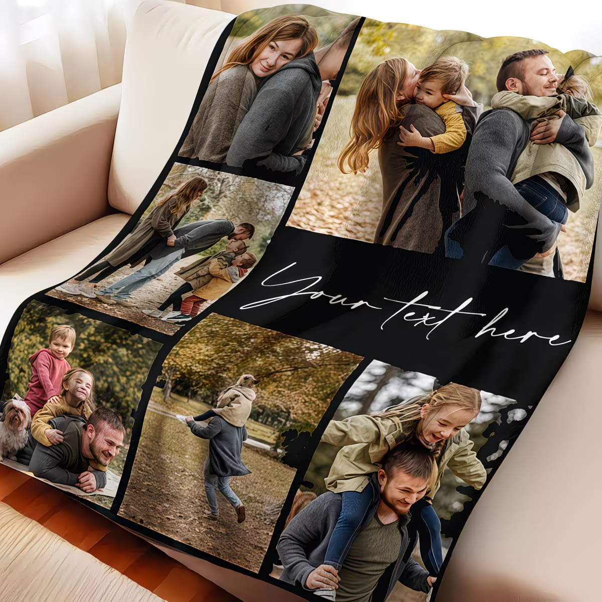 Custom Picture Collage Throw Blanket, Black Background Multi Photo Grid Personalized Blanket With Custom Text, Unique Family Anniversary Birthday Custom Gift