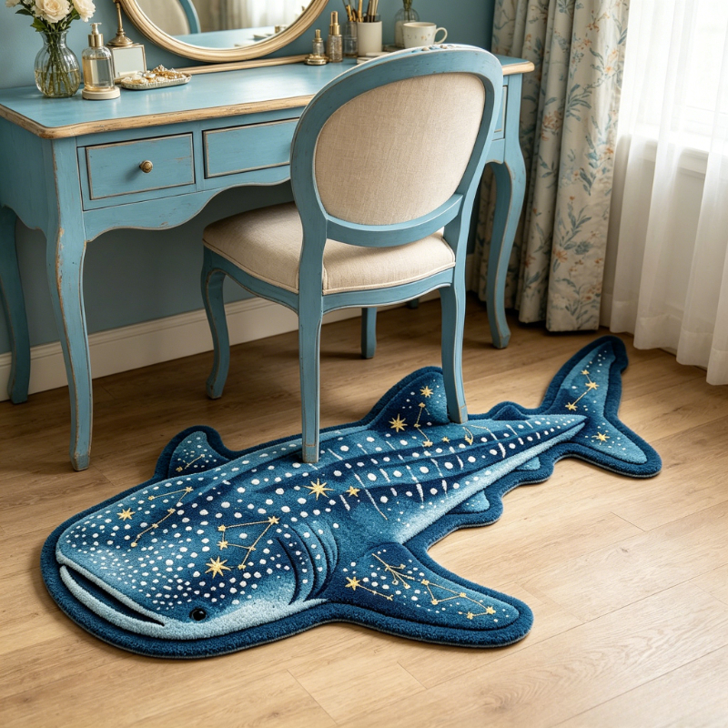 TEMU Luxury Plush Carpet Suitable For Bedroom/bathroom - Deep Whale Shark Rug With Constellation & Polka Dots, Irregular Shaped Non-slip Mat, Machine