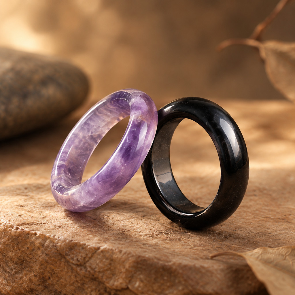 2pcs Natural Amethyst & Obsidian Stackable Ring Set for Women