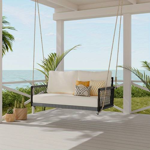 trexm 2 person outdoor swing sofa with soft cushions woven beige patio courtyard or balcony uv weather resistant pillows and removable covers patio furniture sophisticated design stainresistant fabric