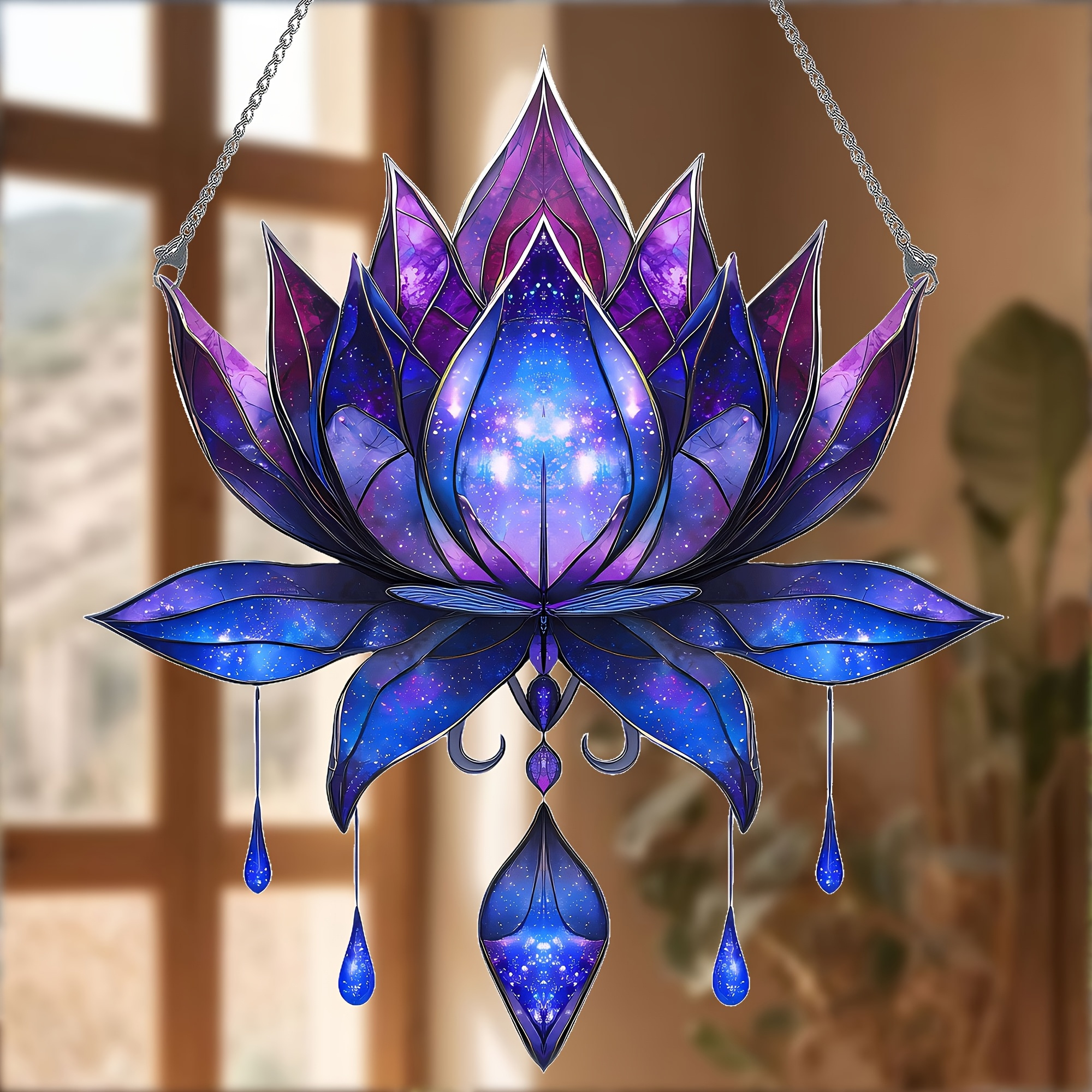 TEMU 2d Flat - Suitable For All , 2d Design, 1pc Lotus Crystal Pendant, Friendship Day Decoration, Nebula-inspired Stained Glass Art, Vibrant Hanging