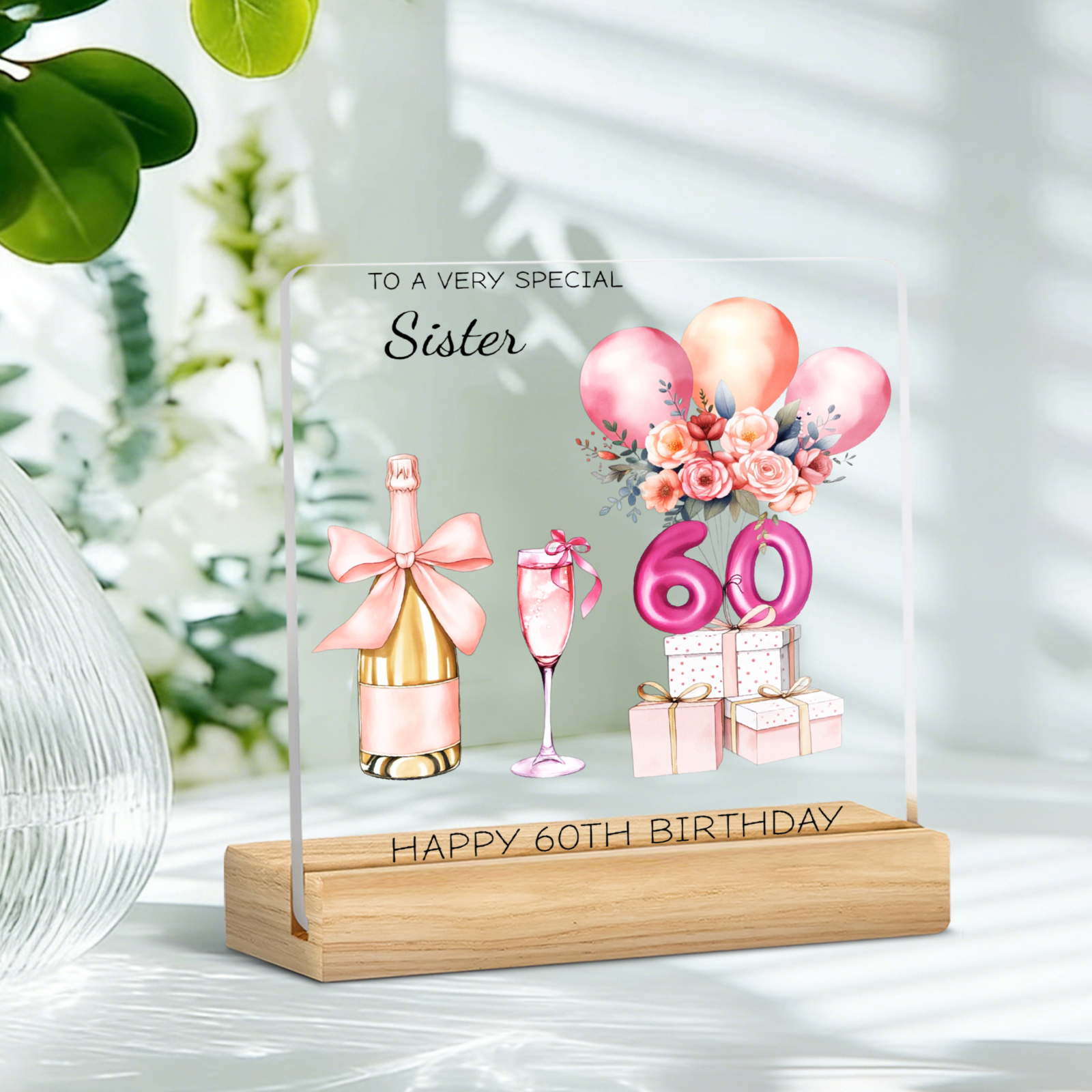 TEMU [2d Flat] 1pc Acrylic Decorative Plaque Happy 60th Birthday Sister Gift With Champagne Bottle Balloons And Gifts For Special Sister Celebration