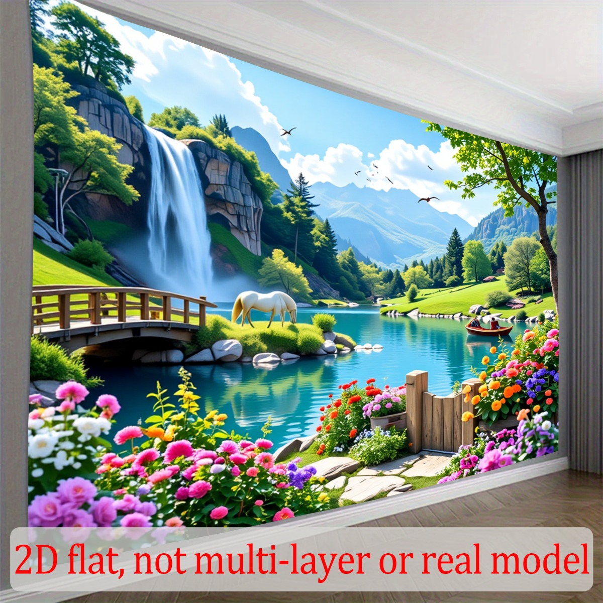 TEMU 2d Flat, 2d Flat - 2d Flat Banner, 1pc Polyester Fabric Backdrop With Tone Scenic Nature Theme Featuring Waterfall And Lake Printed Pattern For