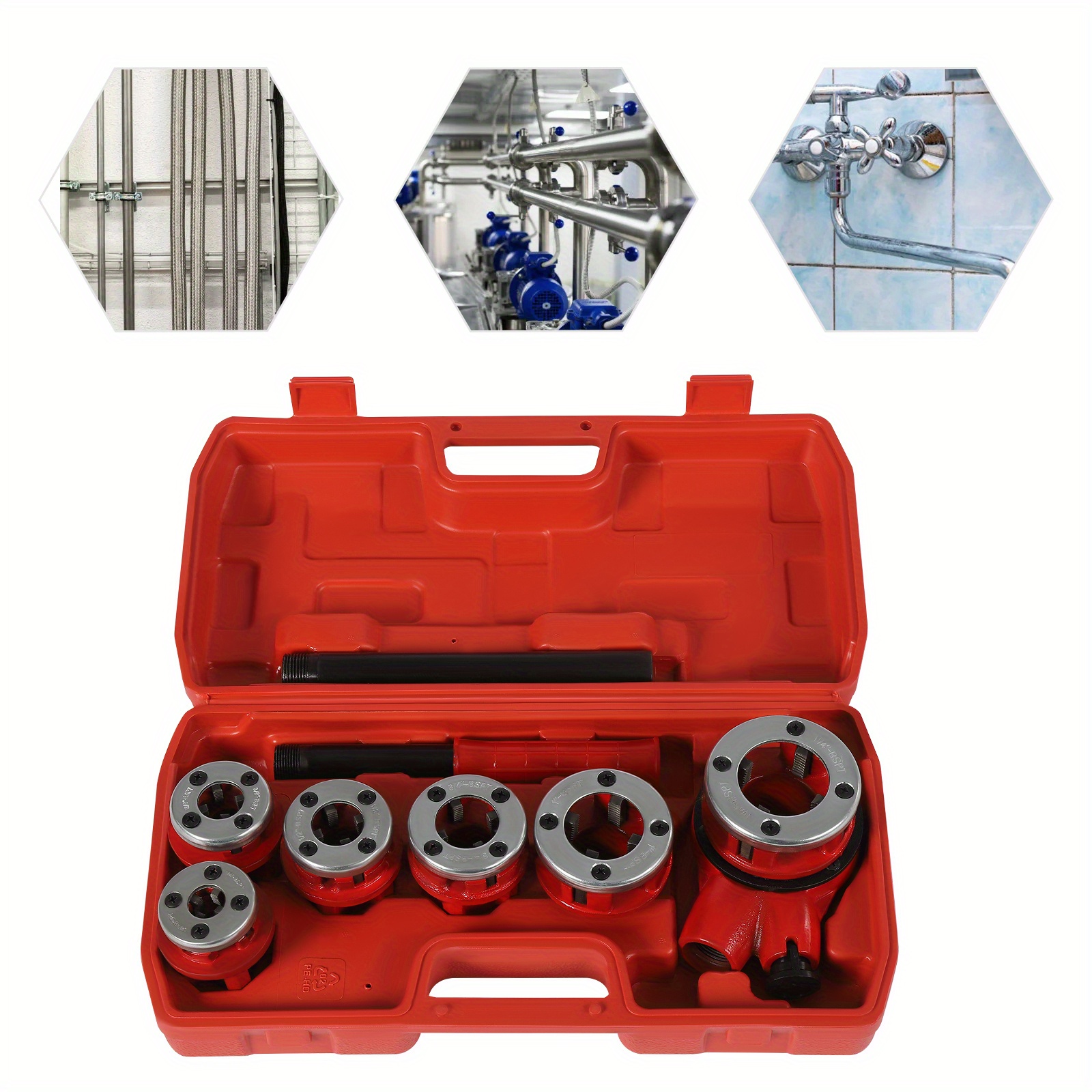 Image of Ratchet Pipe Tap Set, Manual Portable Pipe Tap Ratchet Tap Set Professional Tool Case Plumber Pipe Thread Kit, With 6 Dies 1/ 4", 3/ 8", 1/ 2", 3/ 4", 1", 1-1/ 4"