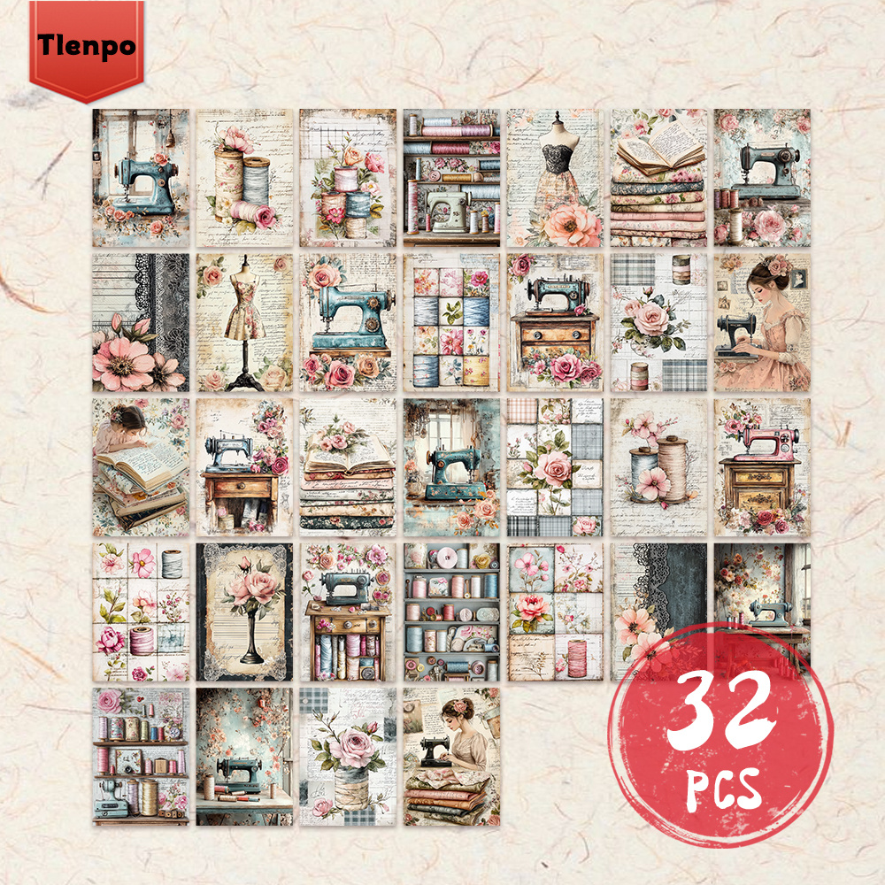 TEMU 32pcs Of Nostalgic Sewing-themed Stationery Paper, Vintage Floral Sewing Machine Scrapbook Paper, Heavyweight Cardstock, Suitable For Scrapbook