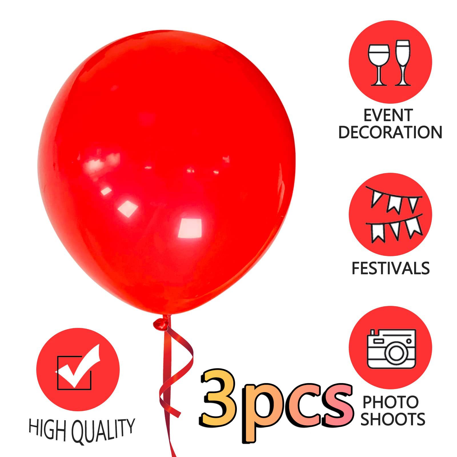 TEMU 3pcs Red Large Thickened Balloons, 18inch Jumbo Red Balloons Large Round Latex Balloons, For Photo Shoot, Wedding, Anniversary, Red Theme