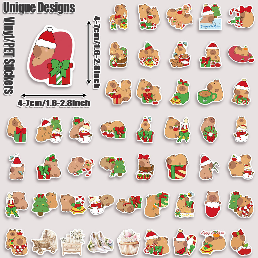 100pcs christmas capybara and white vintage aesthetic tablet stickers pack     birthday and home decor suitable for laptop luggage scooter handbook cups notebooks water bottle phone case
