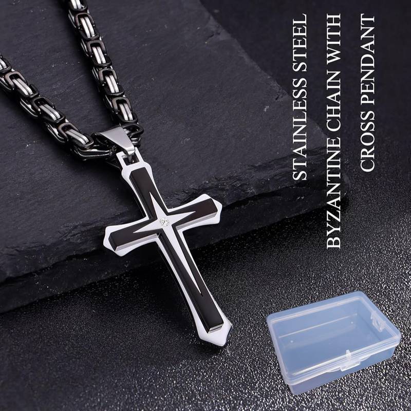 22 Inch Men's Stainless Steel Byzantine Chain With Black Cross Pendant, Silver And Black Finish