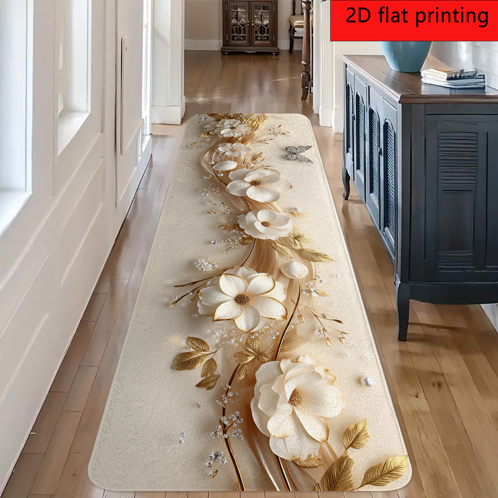 TEMU 2d Flat Printing, 1pc White Flower Golden Vine Silvery Decorative Pattern Hallway Carpet, Kitchen Mat, Machine-washable Indoor Decorative Rug.