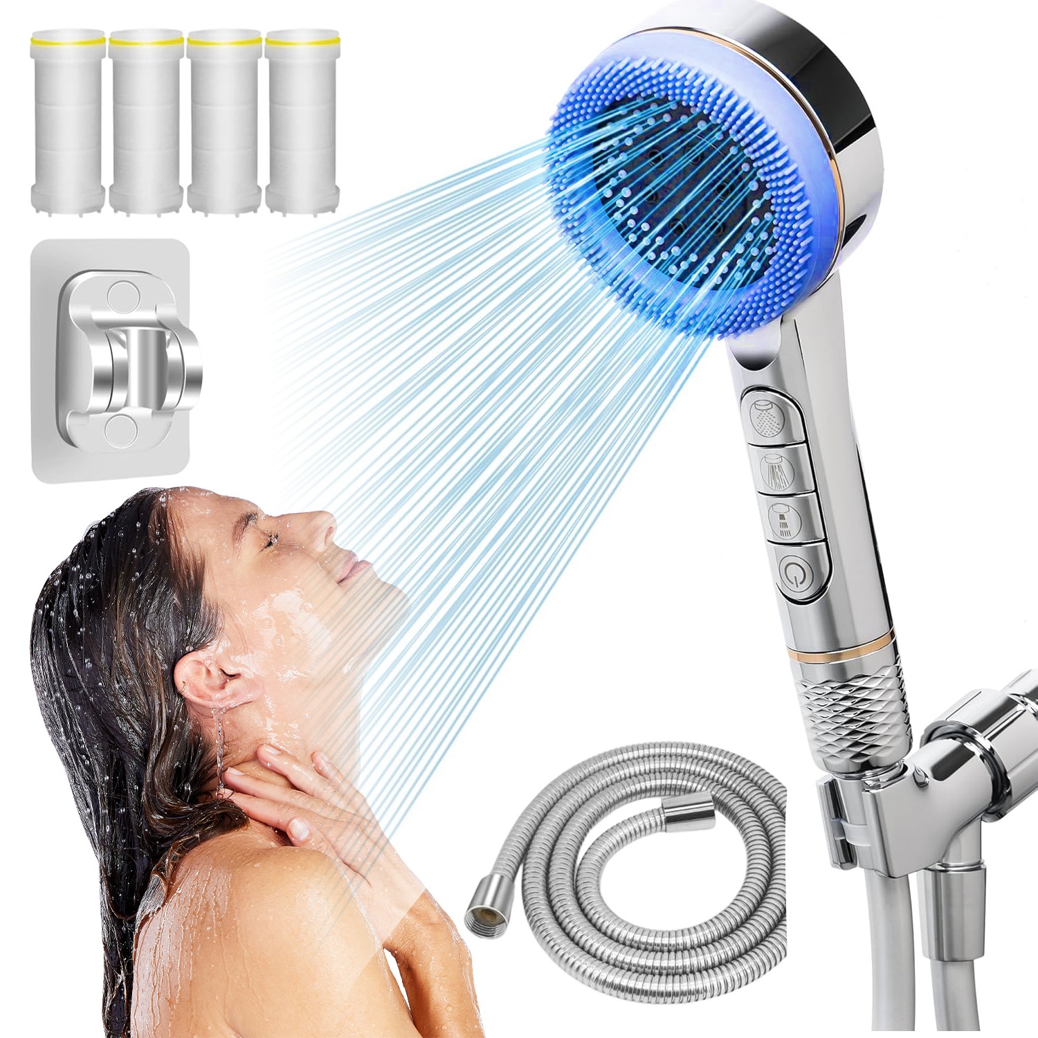 Rainfall Shower Head with 4 Jet Types Massage Spray