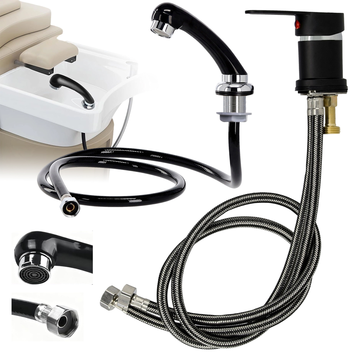 Image of Hair Salon Shampoo Bed Faucet And Flushing Set, Faucet With 60cm Hose And Shower Head With 1.2m Hose, 1/2-inch Connector