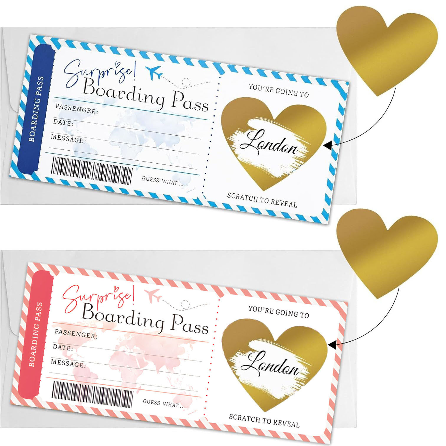 TEMU 2pcs Scratch-off Cards Reveal Holiday Surprise Personalized Boarding Pass Scratch-off Cards, With Envelope And Heart-shaped Scratch-off Sticker,