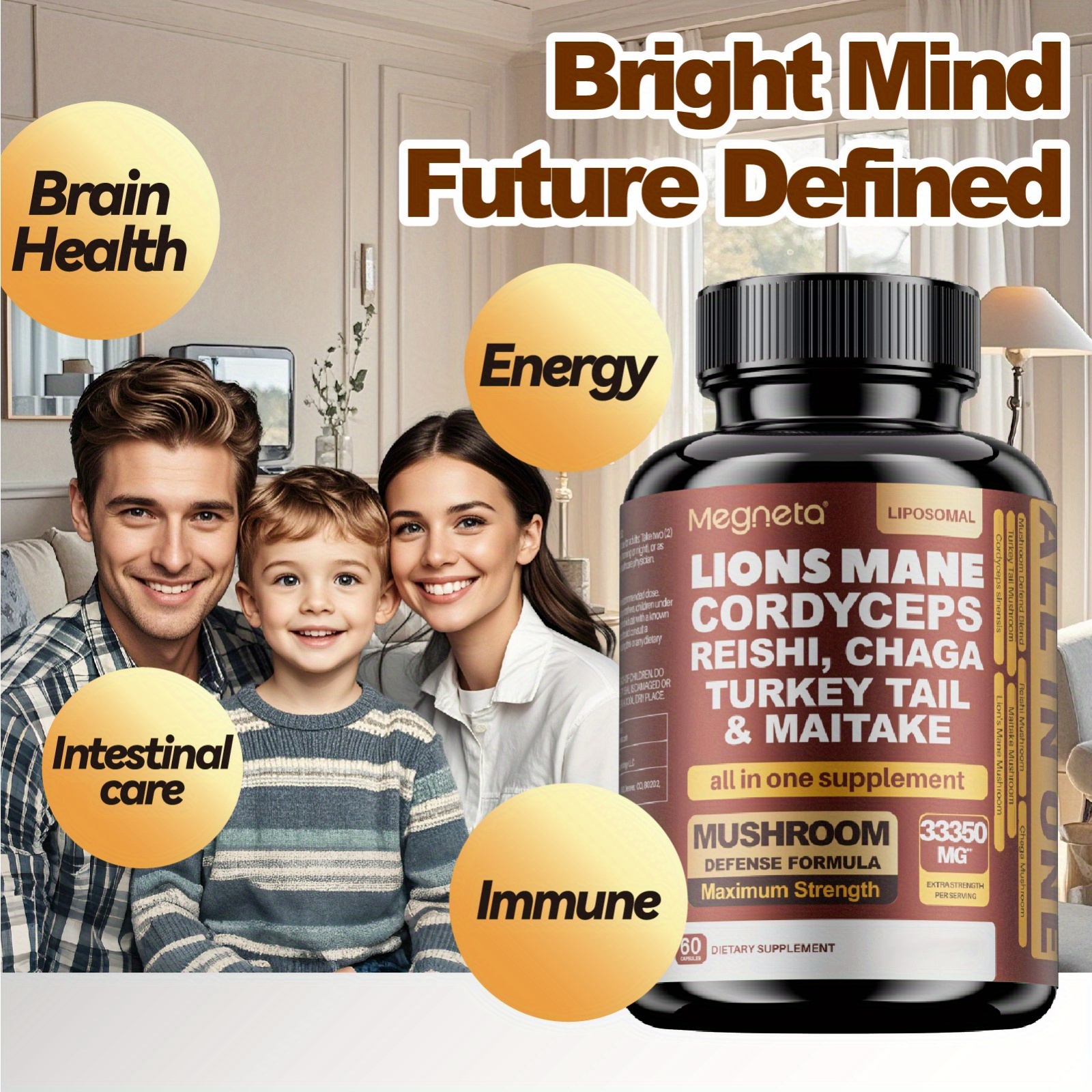 Megneta Cognitive Brain Nootropic Mushroom Complex with Lion's Mane, Cordyceps, Reishi, Turkey Tail & Chaga for Focus, Memory & Clarity – 60