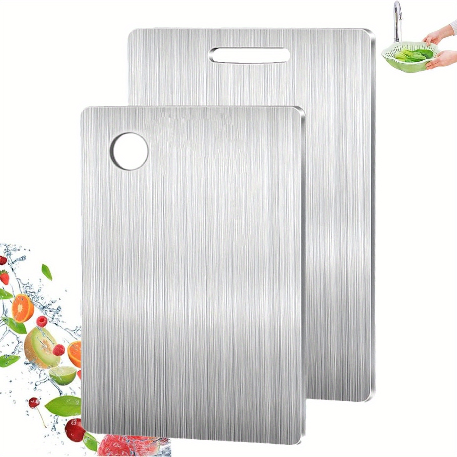 Image of 2 Stainless Steel Cutting Boards - Stainless Steel, Non-slip, With Handle, Ideal For Meat, Vegetables, Fruit - Ideal For Home And Commercial Kitchens, Kitchen Cutting Board