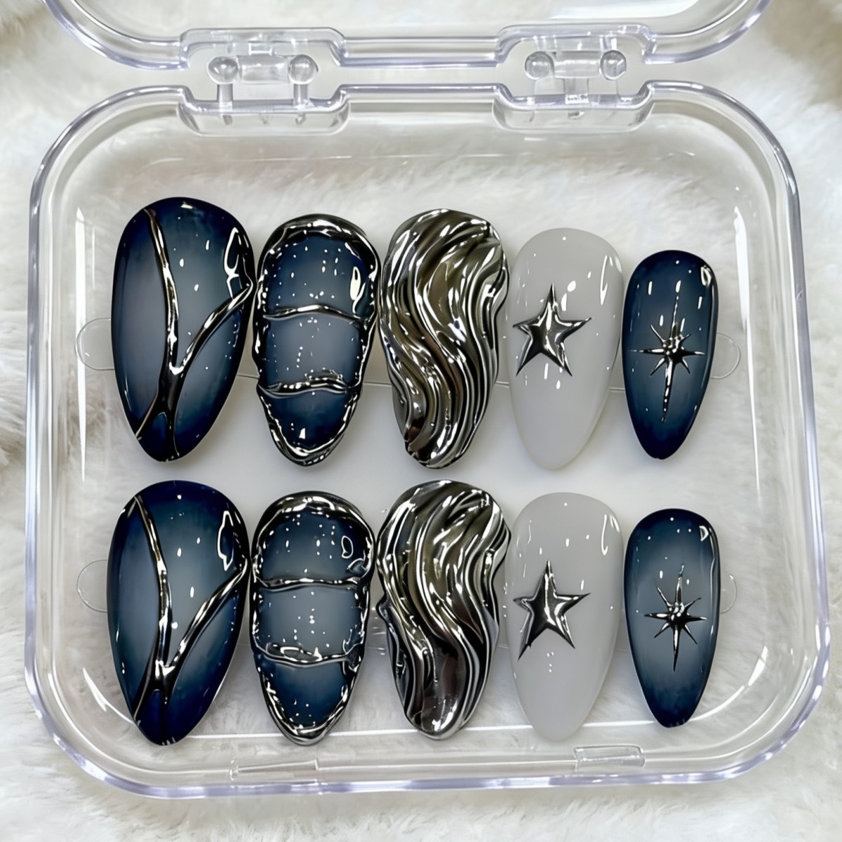 TEMU 10pcs Gradient Fine Glitter Medium-length Almond Press-on Nails, 3d Embossed Gilded Silvery Swirl Metal Pentagram And Pentagram Star, Cool And