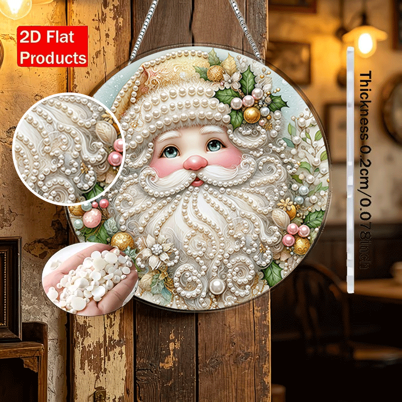 TEMU New Product With Pearl Inlay And Cute Santa Claus Design, 2d Flat Printing Acrylic Pearl Pendant Handmade Glue Studs Creative Diamond Painting