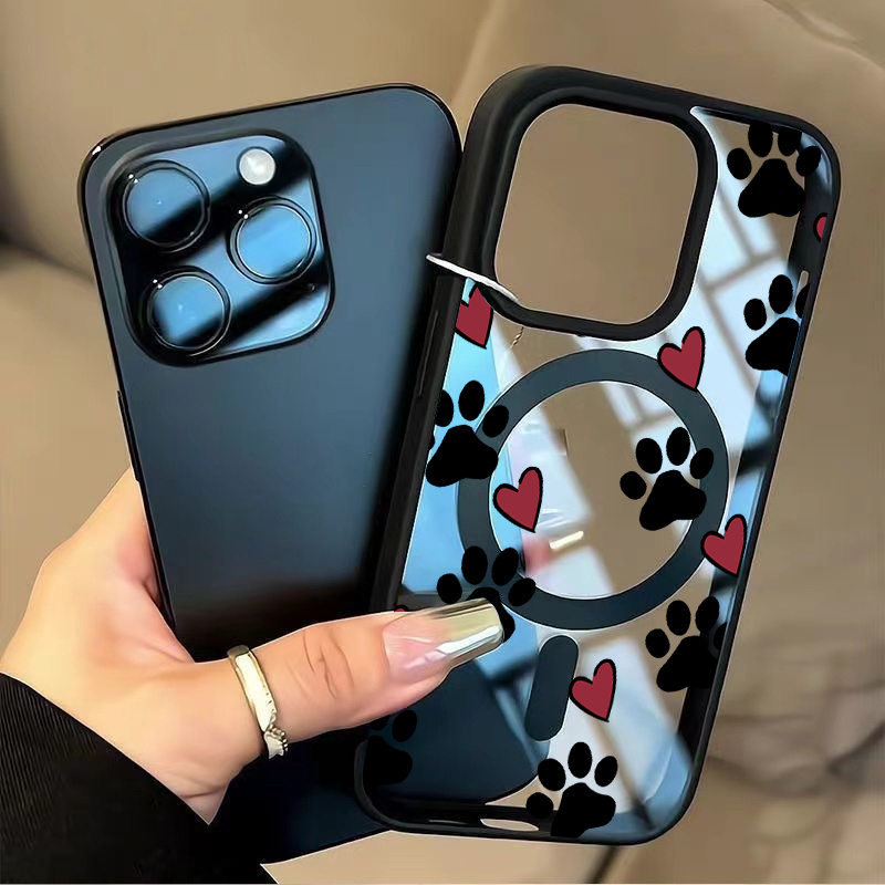TEMU Phone Case: 2d Flat Heart-shaped Paw Print Pattern Black Border Magnetic Phone Case, Suitable For 17/17 Air/17 Pro/17 Pro Max/16 Pro Max/ Pro