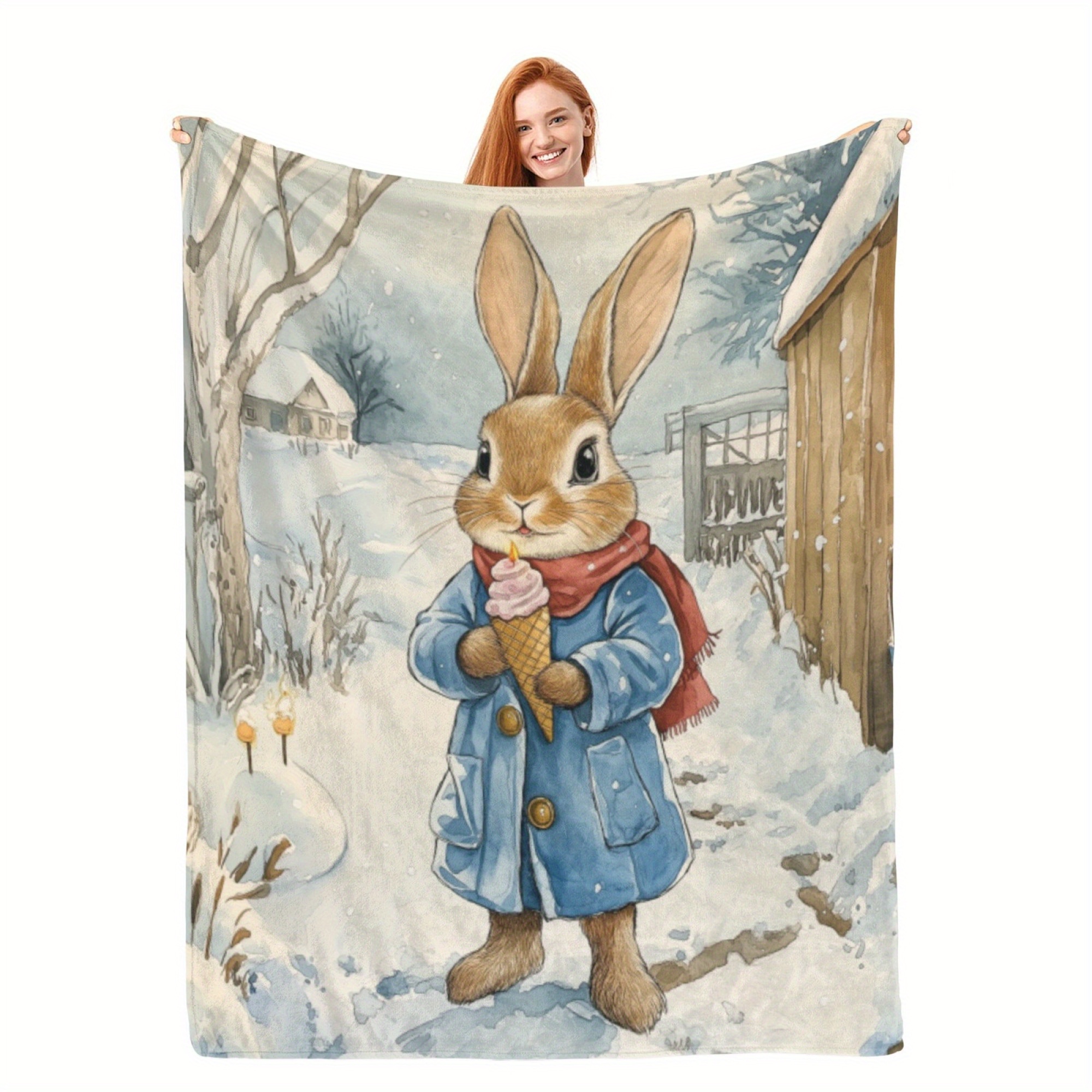 

A Cute Animal Blanket Rabbit, Ice Cream, Winter Suitable For All , , Warm And Thoughtful, Plus Tactile, Snuggling - Living Rooms, Bedrooms, Travel And Home Decor