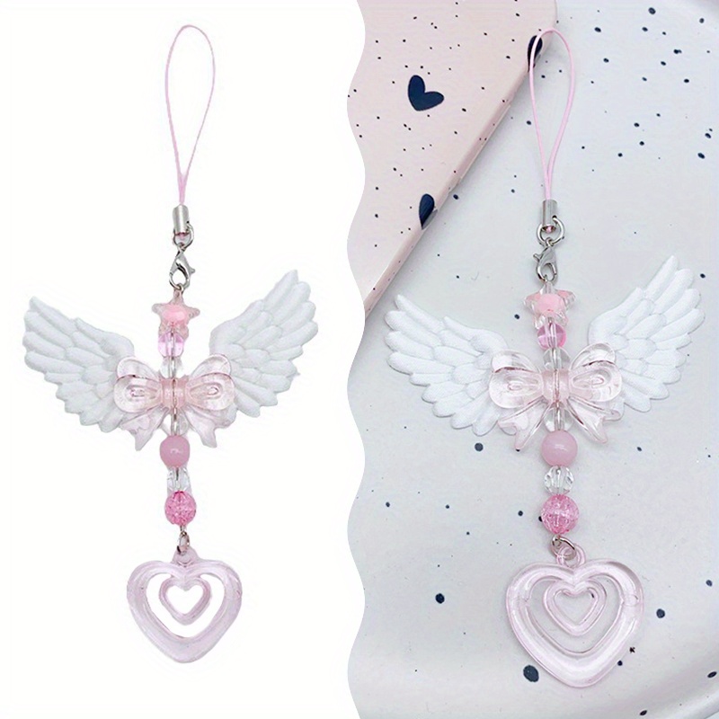 

1pc Handcrafted Sweet Cool Acrylic Bow & Heart Wing Keychain With Pink Beads - Chic Mobile Strap & Bag Charm For Women And Girls - Fashionable Decorative Accessory Gift