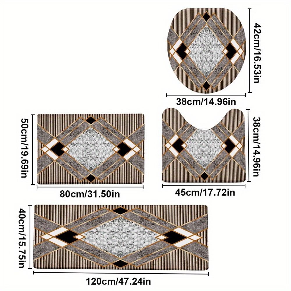 TEMU 4pcs/set Fashionable Rhombus Geometric Pattern Printed Bathroom Protective Mat Set, Non-slip Bathroom Mat, Flannel Bathroom Mat, Bathroom Floor