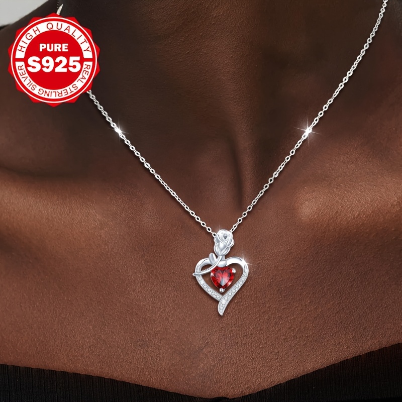 TEMU Pendant, Rose Red Synthetic Zirconia Inlaid, Pure Silver S925 - Perfect Gift For Your 1