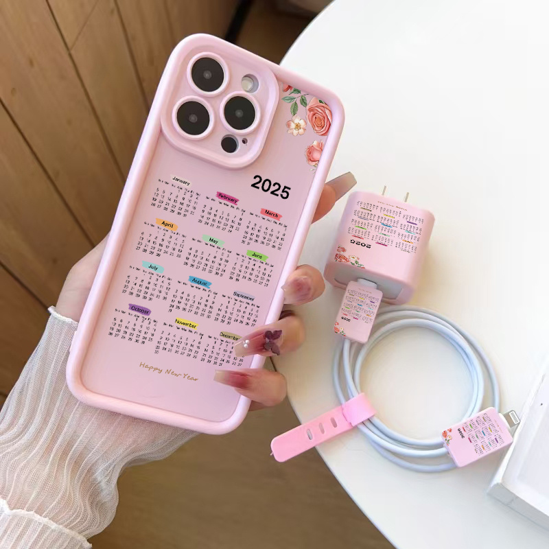 5pcs 2025 Calendar Fashion Pink Gift Phone Case, Exquisite and Fashionable High-end Phone Case + Data Cable Protective Cover, Suitable for iPhone Fast Charging Cable, Suitable for iPhone 11/12/13/13promax/14/2pro/2plus/14promax/15/15pro/16/6-plus/16pro/15promax XSM Precision Phone Case
