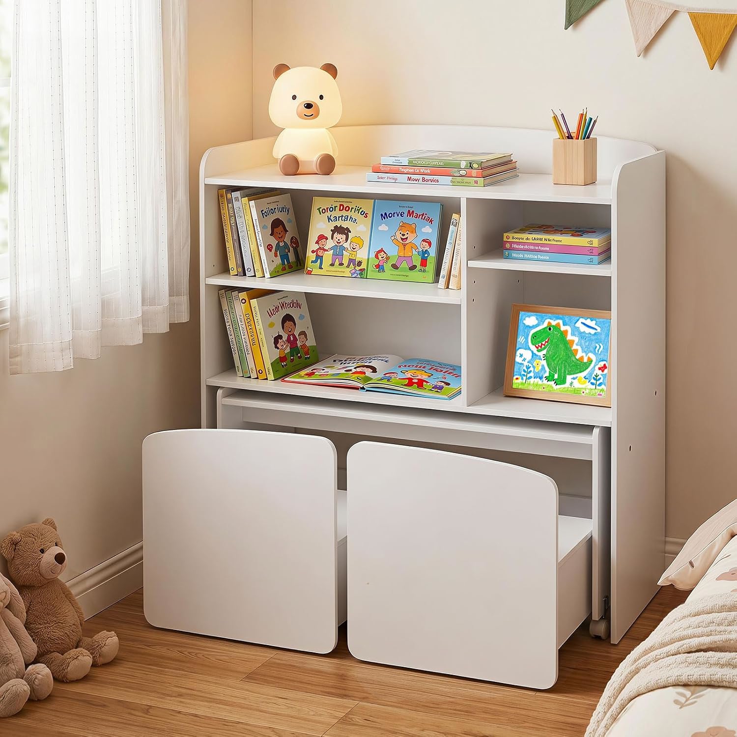 3in 1 Kids Bookshelf, Children's Table With 2 Chairs, Children's Cupboard With Open Compartments, Bookcase For Einschulung, Christmas, Halloween, White
