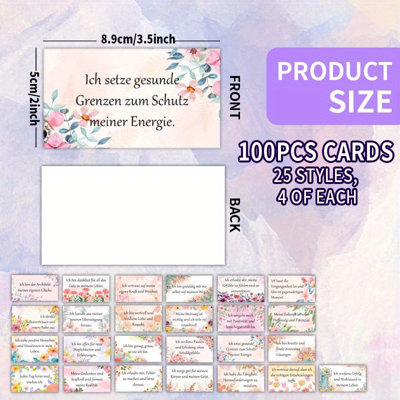Image of 100pcs Card Set - German Floral Watercolor - Style - Themed Inspirational Quote Cards, 25 Unique Styles, Suitable For , Family, Festivals, Encourasynthetic Gemstoneent & Gratitude