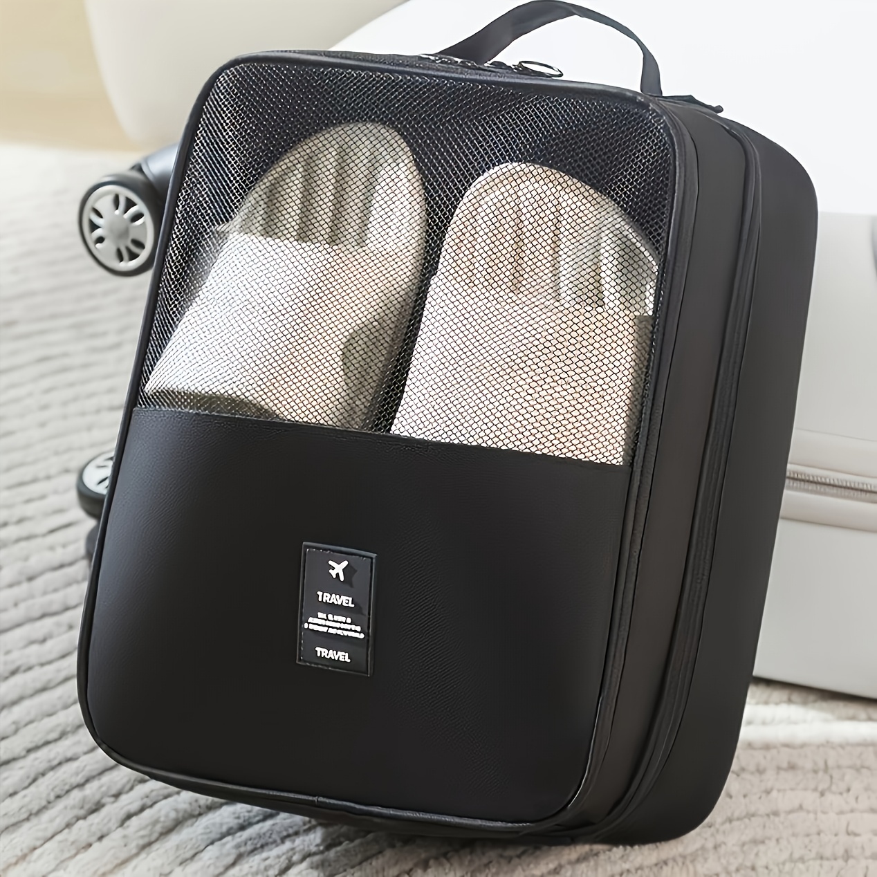 TEMU High-capacity Travel Shoe Bag - Fits 3 Pairs Of Shoes, Durable And Breathable Storage With Comfortable Black Handle