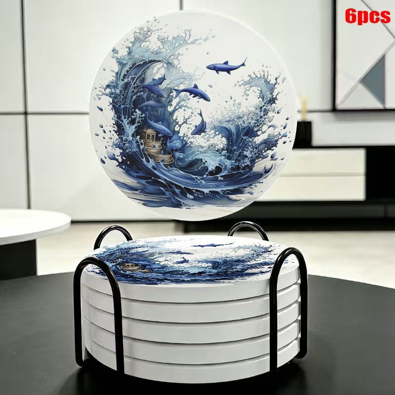 TEMU 6pcs Magnetic Levitation Nautical Ceramic Coasters - Asian Boat Design Suitable For Coffee Table, Desk, Kitchen Decor - Modern Housewarming