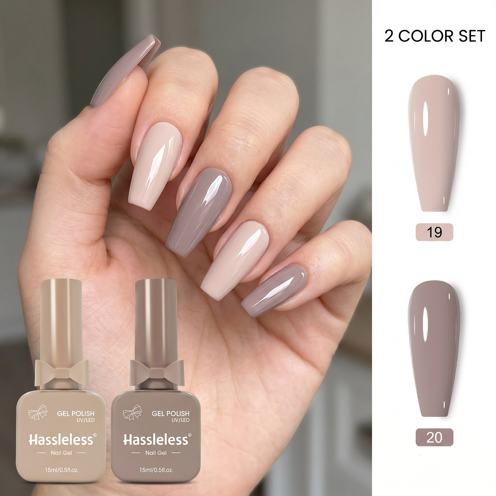 Image of Hassleless 2pcs/set (15ml Each) Solid Color Gel Nail Polish Set. Requires Led Curing. Suitable For Salon And Home Nail Services. An Ideal Gift , Use. Stylish Colors. In Bow-shaped Glass Bottle