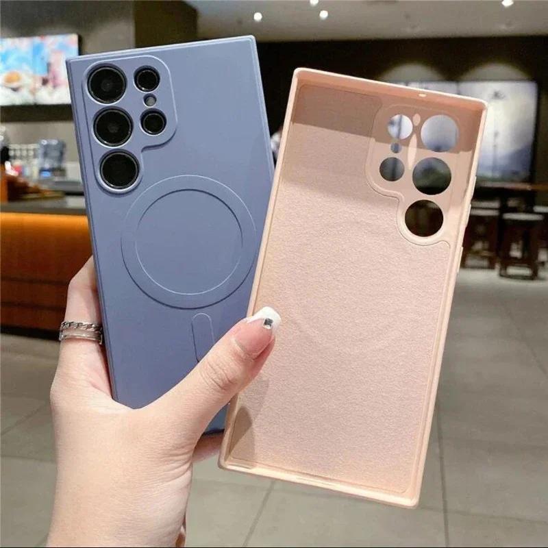 Phone Case - Liquid Silicone Magnetic Phone Case for Samsung Galaxy S25 S24 S23 S22 Ultra Plus A56 A55 A36 A16 A15 A35 Soft Matte Shockproof Shell Wireless Charging Protective Cover with Short Rope Wristband