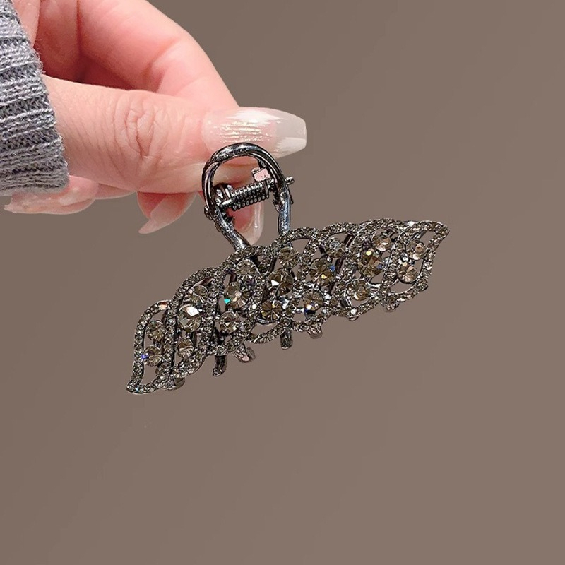 Gun Black Premium Rhinestone Leaf Claw Clip