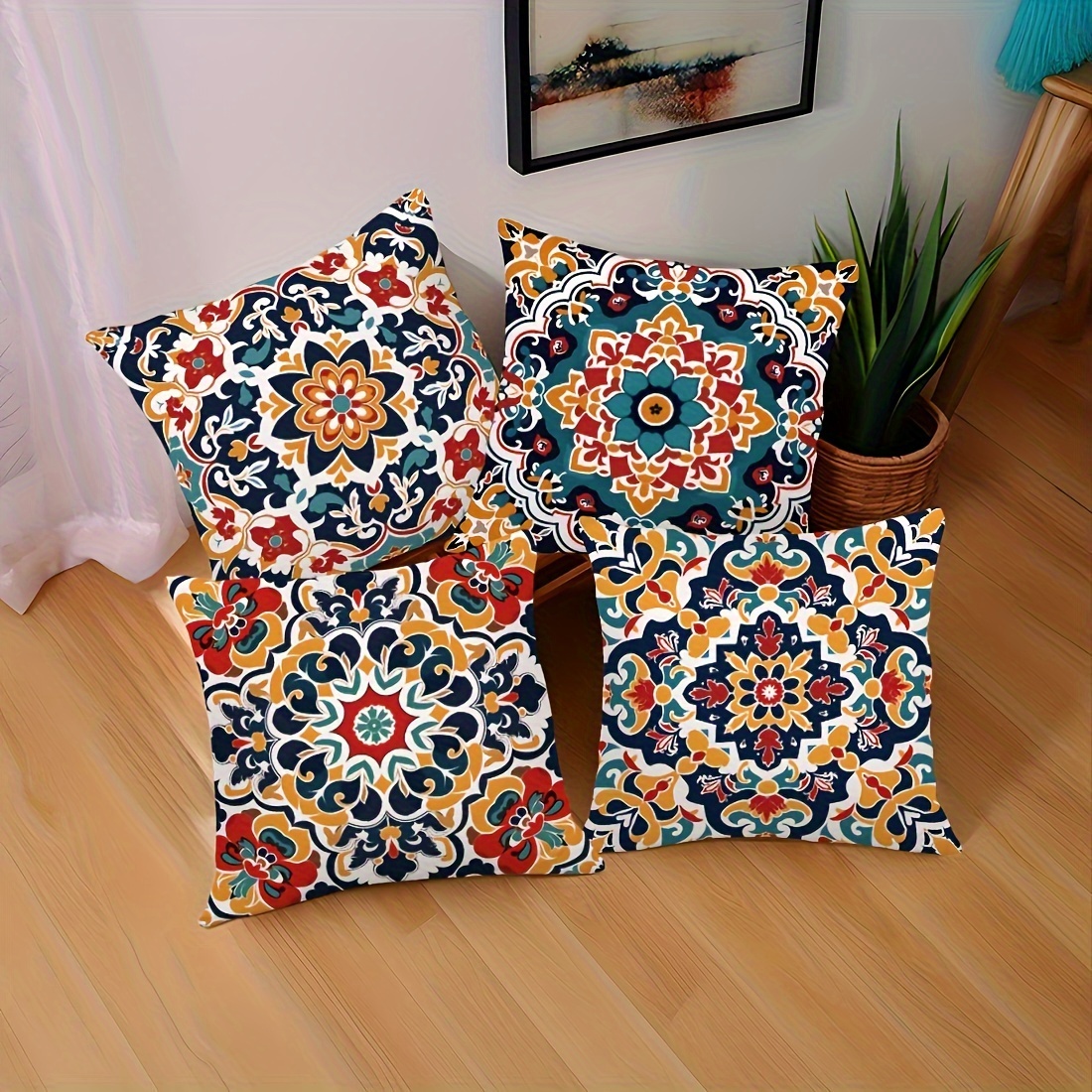 4pcs modern moroccan geometric pattern pillow covers-   carpet texture double-sided polyester material, zipper closure, machine washable, for living room and bedroom decoration(  not included), special double-sided printed cu, extra large pillow covers, pillow for living room, fun pillows, bed pillows decor, home decor, sofa cushions, contemporary design, durable fabric,   print, stylish cushion covers, throw pillowcases,   setup, Product details 0