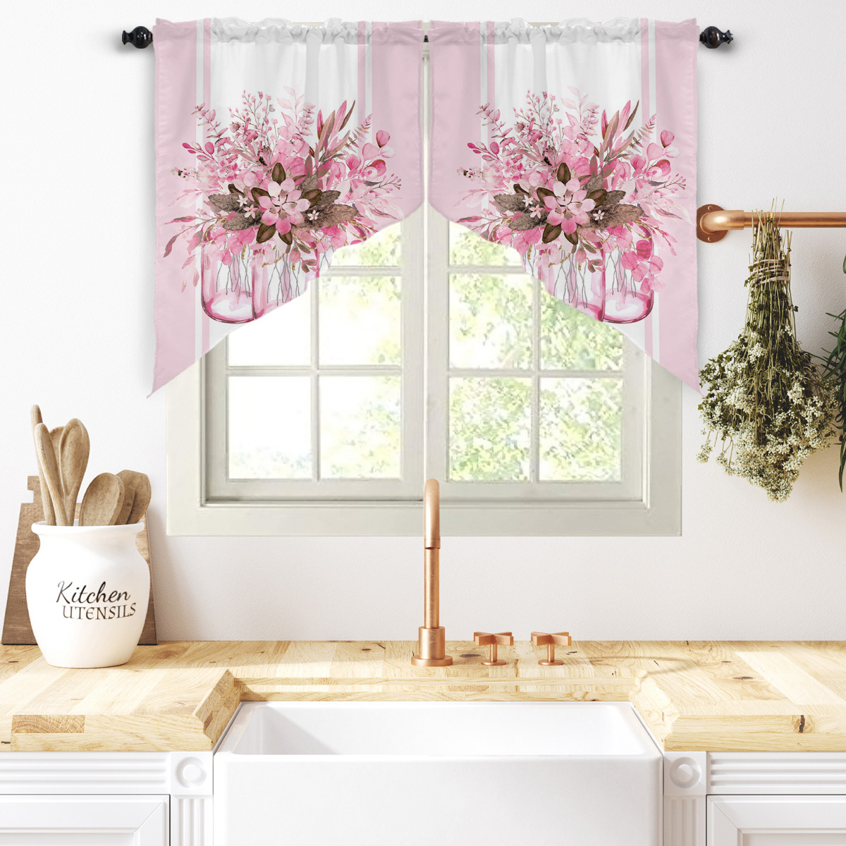 TEMU 2pcs Plant Glass Vase Patterned Bohemian Style Small Triangle Curtains, Kitchen Curtain Window Treatments Home Decor For Room Bathroom With Rod