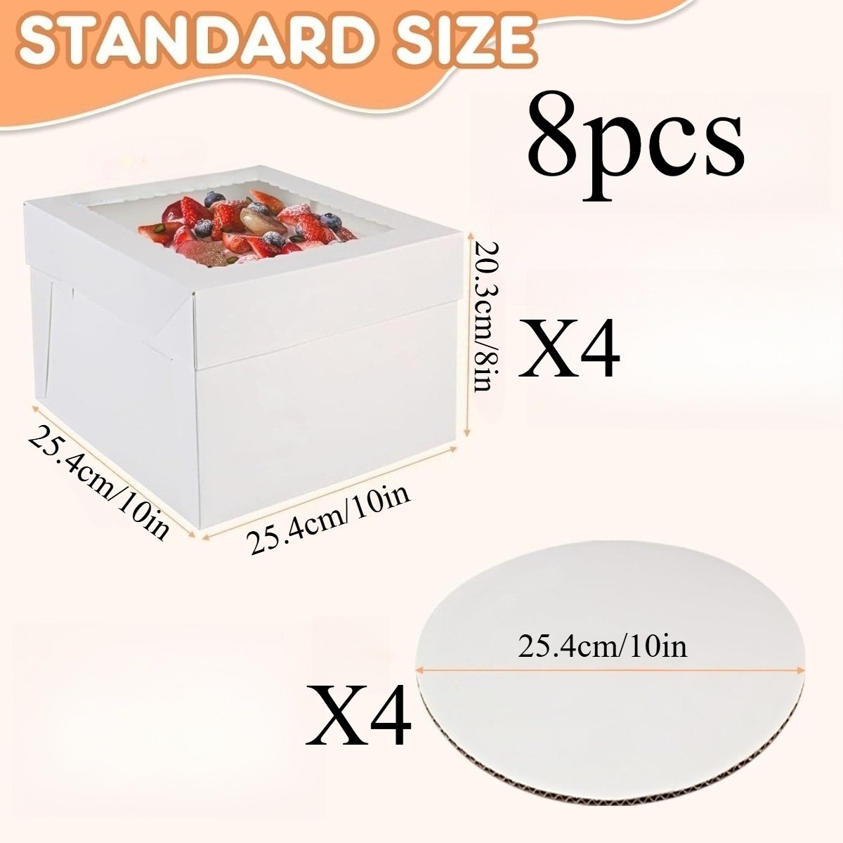E-shop 8 Stück (4 Boxen & 4 Böden) 10 Zoll Kuchenboxen mit Böden, Weiße Bäckerei-Box mit Fenster, Große Backboxen, Quadratische Box für mehrstöckige