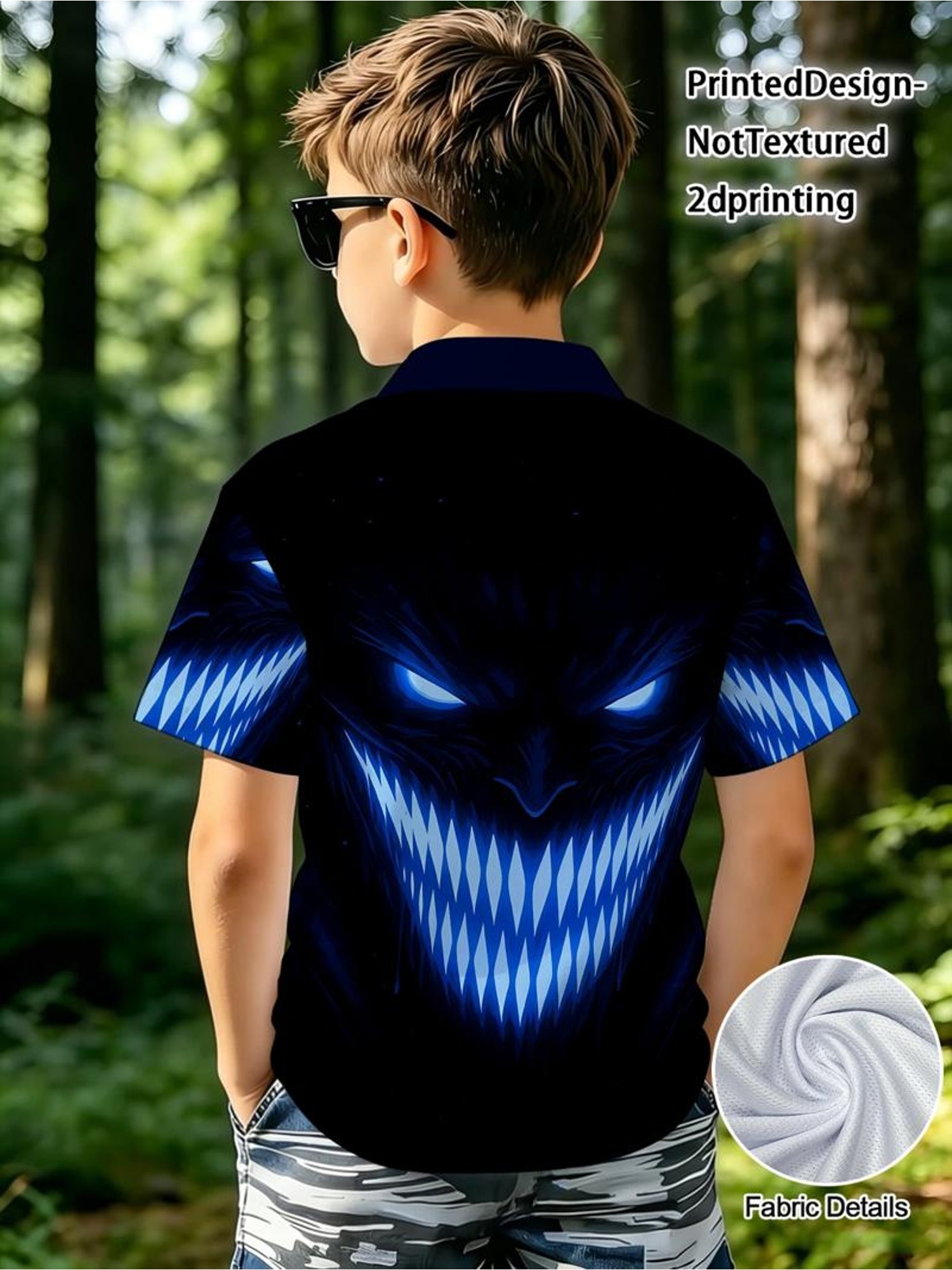 printeddesign-nottextured 2d-druck, jungen- -shirt, polyester, mischfarbe, mehrere spezifikationen, leuchtendes muster mit blauäugiger figur, unheilverkündender & beunruhigender stil,   für den   & freizeitkleidung, bequemer & leichter stoff, trendiges design