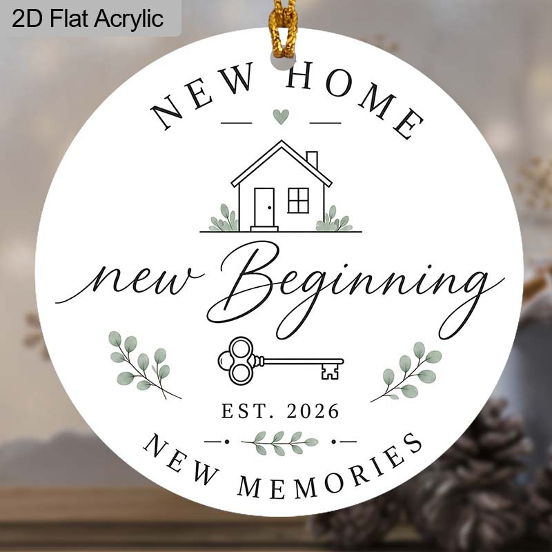 TEMU 2d Flat Acrylic Christmas Ornament, New Beginning New Memories Est 2026 Round Hanging Pendant, Easy Key Eucalyptus Art Housewarming New House