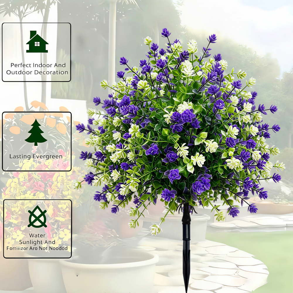 High-end and Beautiful Outdoor Artificial Floral Arrangements, Featuring Faux Ground-planted Trees with Stakes,   of White and Purple Artificial Camellia Flowers, Shrubs, and Plants. Suitable for Summer and Autumn Indoor and Outdoor Decor
