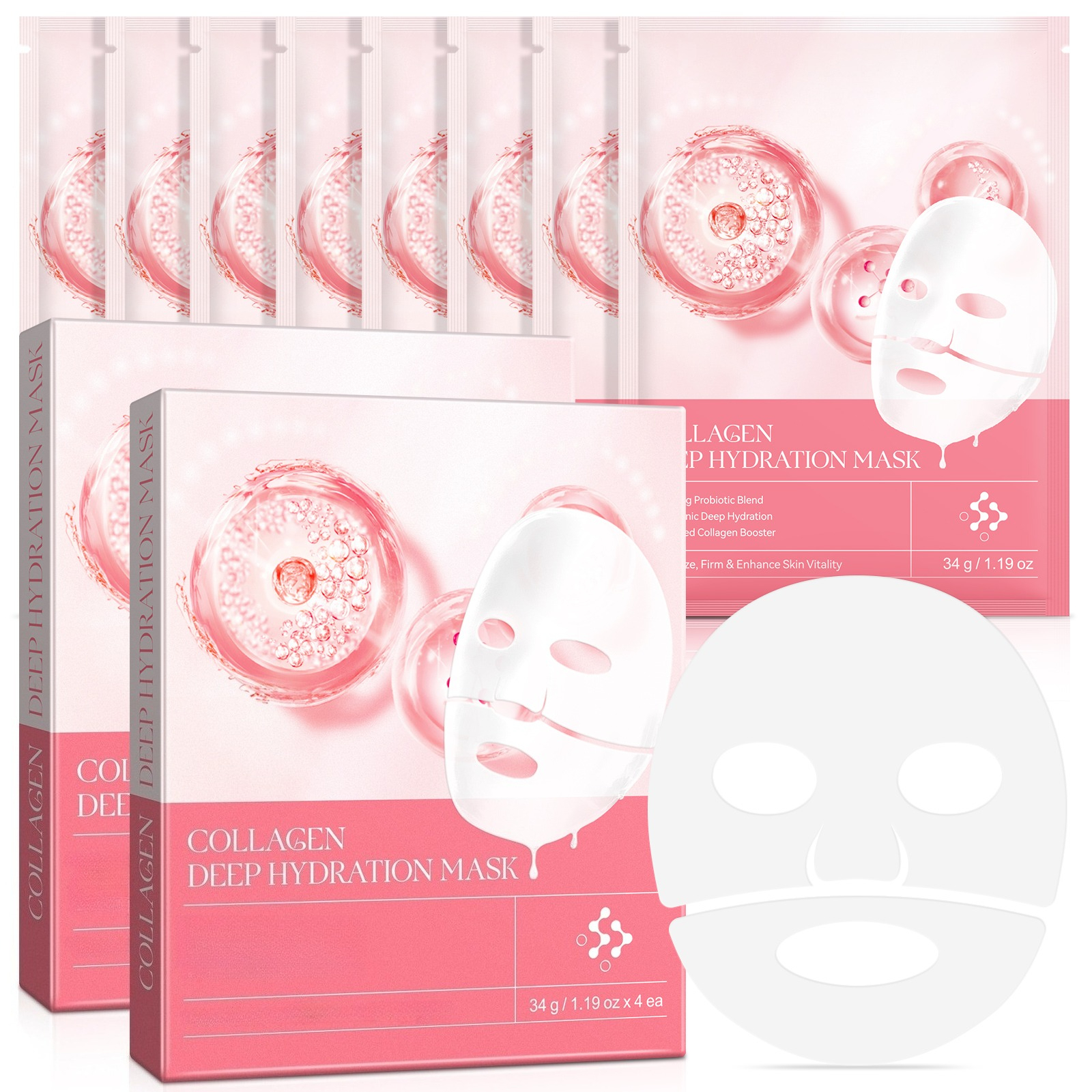 8pcs Collagen Facial Masks, 2 Boxes, 4pcs Per Box, Rich in Abundant Hyaluronic Acid, a Super Hydrating Ingredient, Deeply Nourishes The Skin, Making The Skin Moist And Supple. Ideal for Daily Skincare And Sleep Mask.
