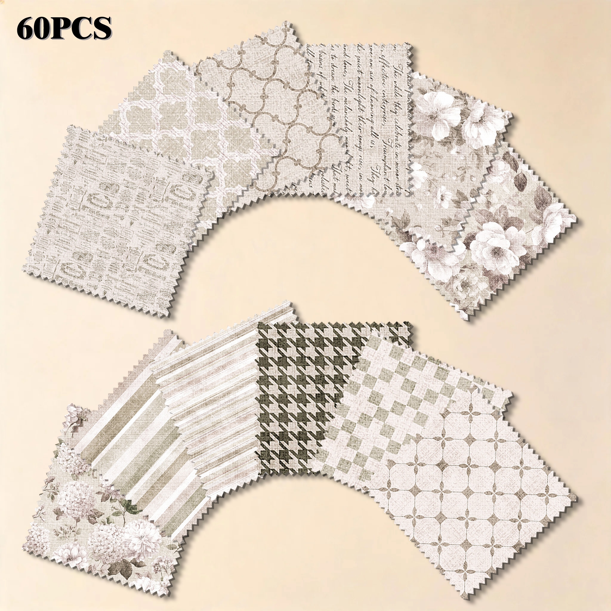 TEMU 60pcs 5-inch Pre-cut Edge Vintage Artistic Multi-element Print Series, Including Plaid, , Stripes, Floral, Geometric, English Lettering, And