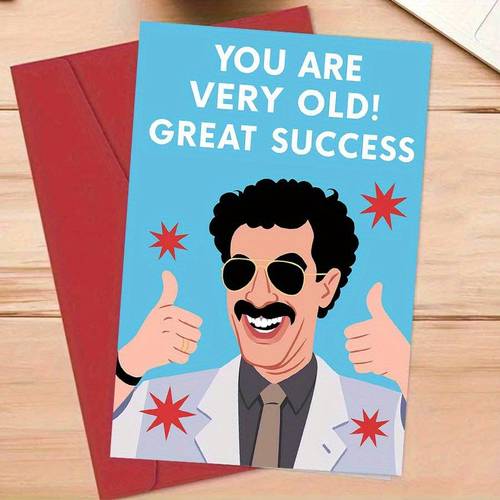 a humorous mens birthday card with a vintage themed design conveying a message of success having a red envelope
